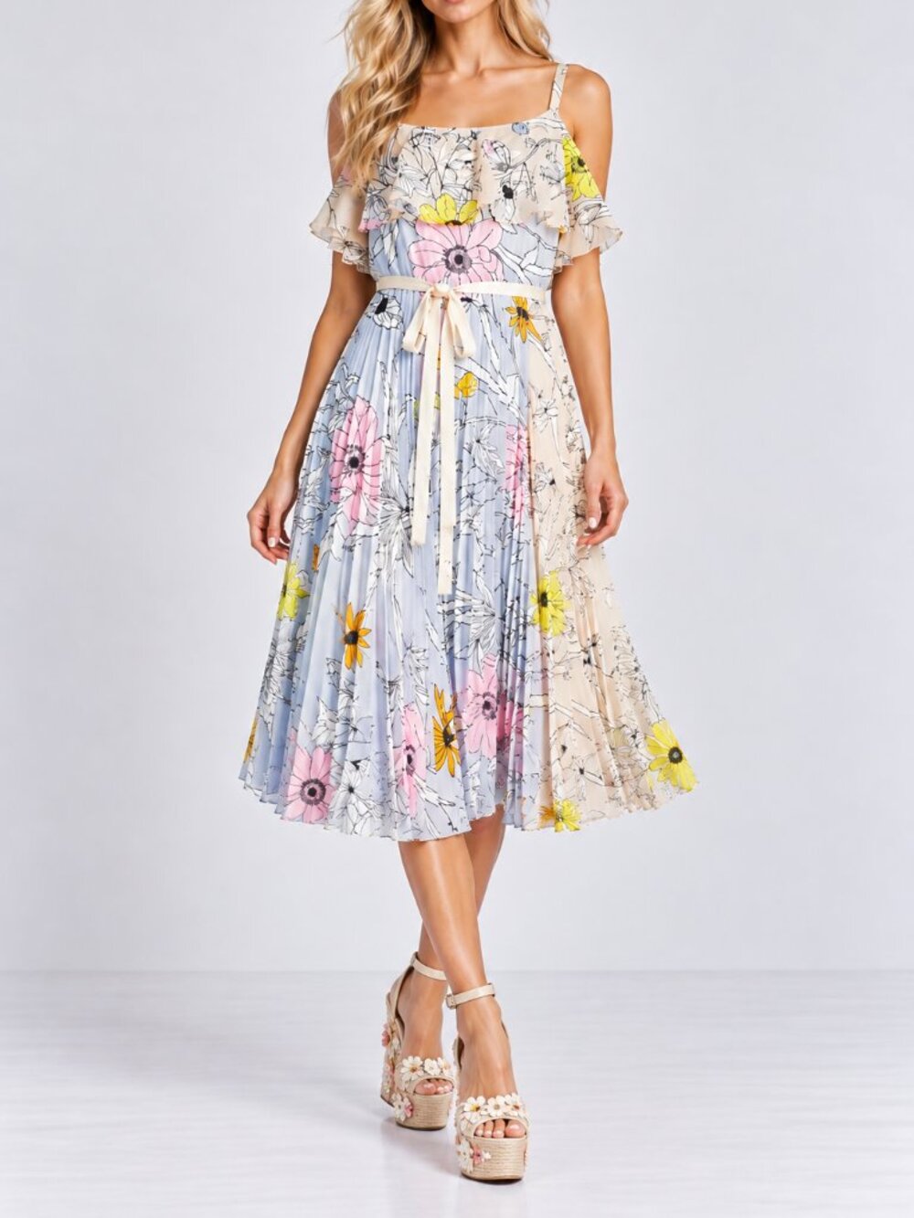 TOPSHOP Floral Print Midi Pleated Pastel Dress Ruffle Bohemian Pink Sz 4 NEW